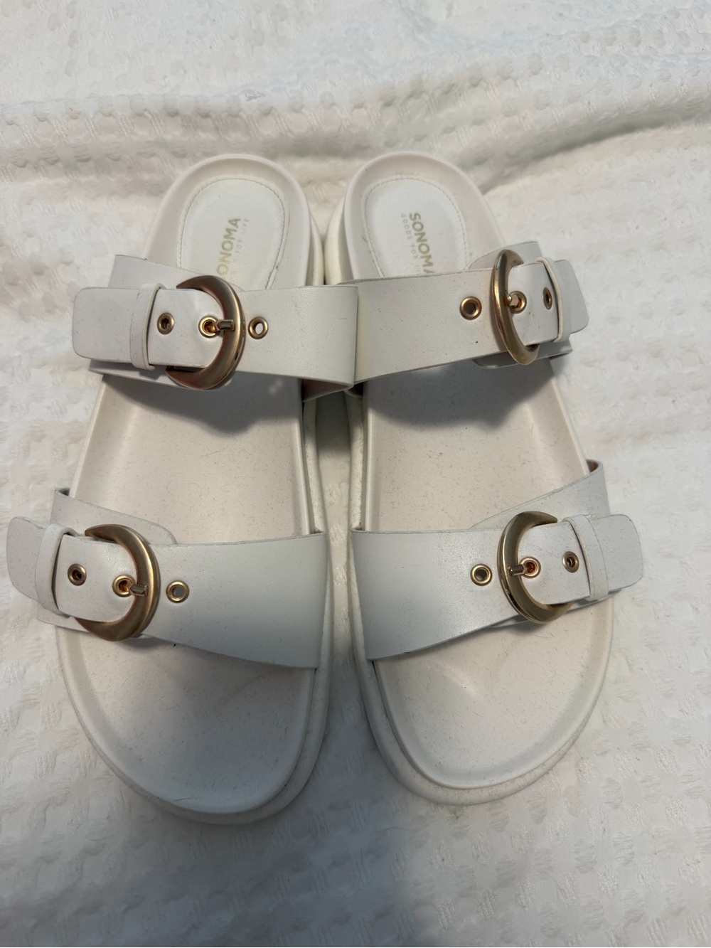 Kohl's White Double Buckle Slide Sandals with Gold Hardware